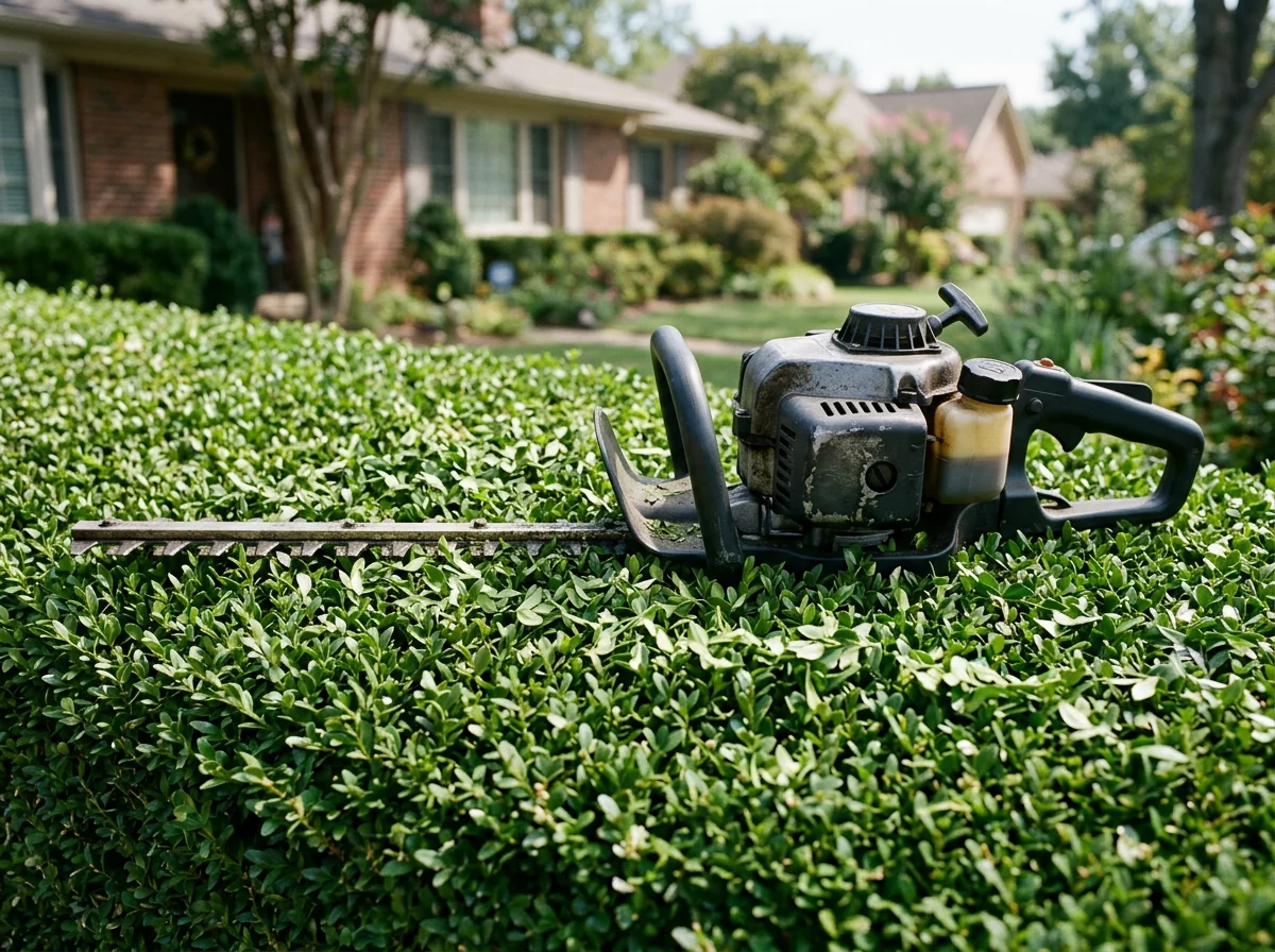 Hedge trimming service shaping shrubs at a residential property