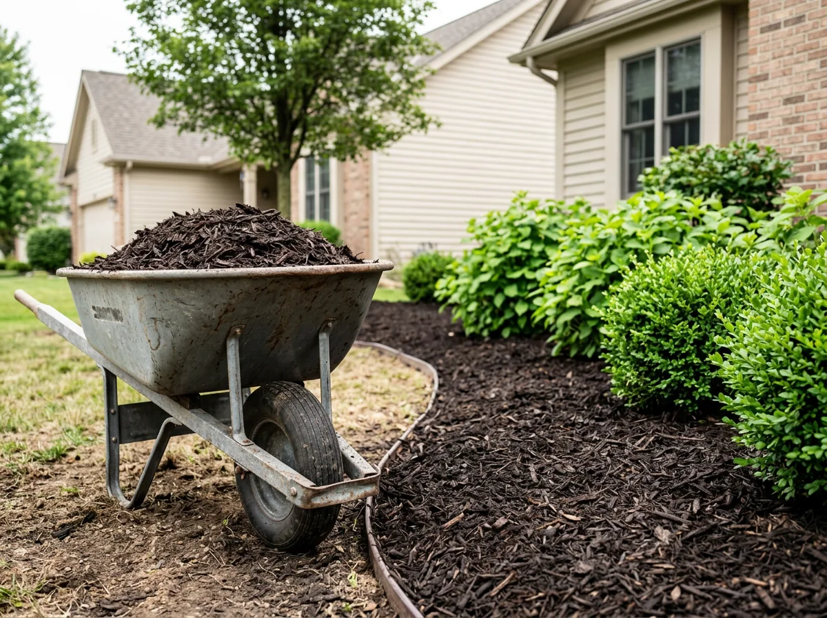 Fresh mulch installation around landscaped beds at a St. Louis home