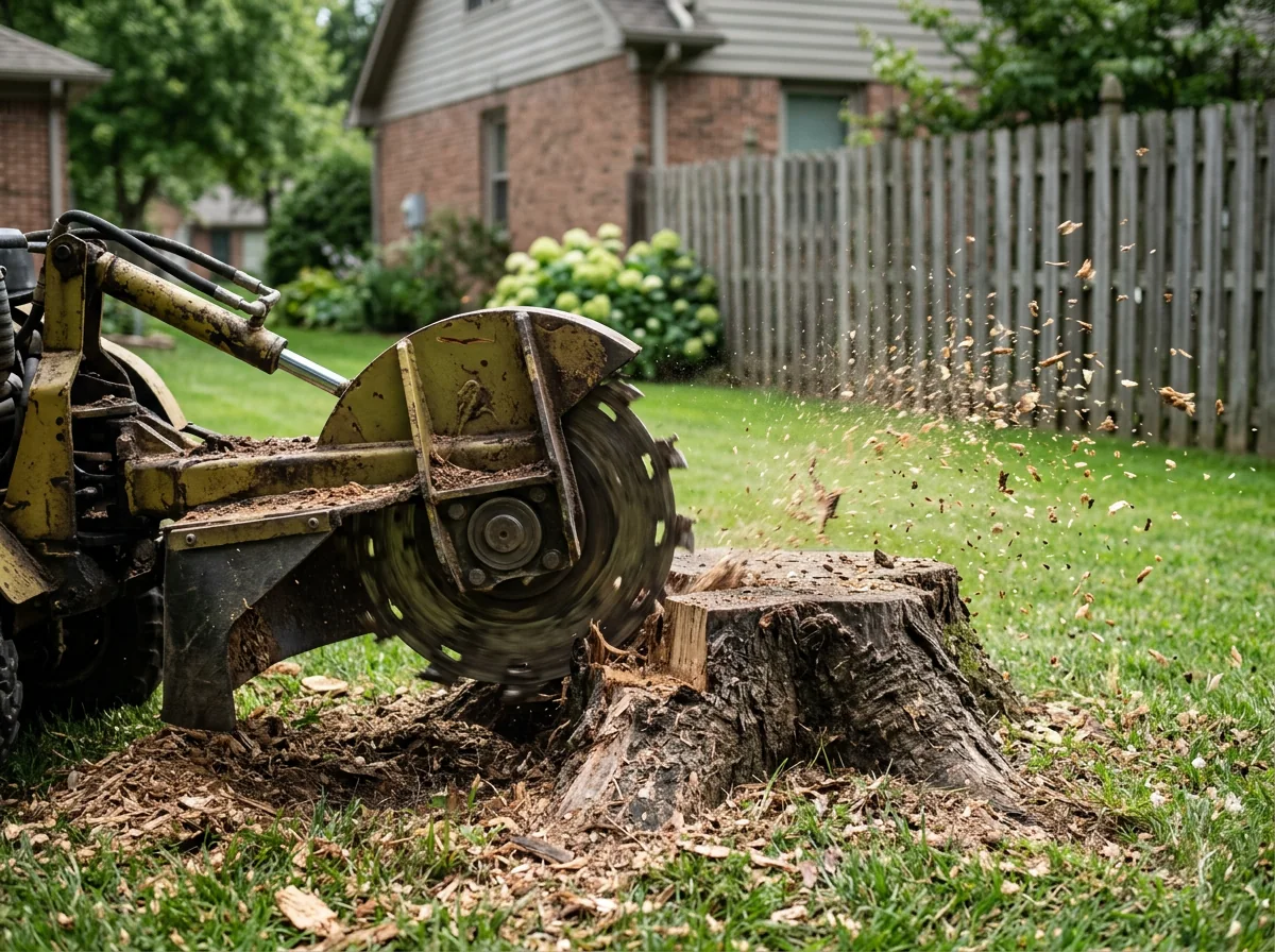 Stump grinding service removing a tree stump in a St. Louis yard